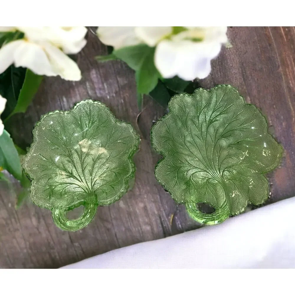 Lot of 2 Vintage Glass Cabbage Leaf Candy, Dessert, Salad Dishes 8.5